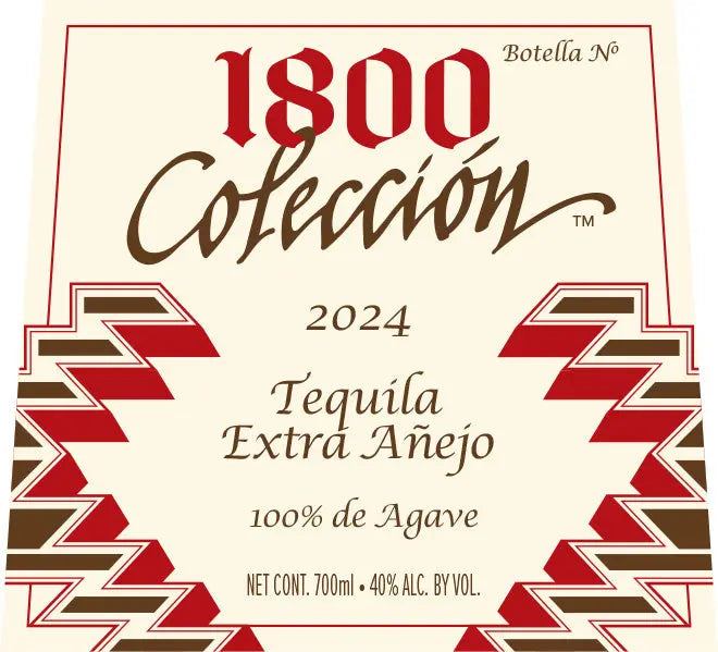 Label for 1800 Tequila 1800 Colección 2024 Extra Añejo Tequila Limited Edition, crafted in 2024 from 100% de Agave, with 40% alcohol (700ml). Decorative border featuring red and brown angular patterns enhances the luxury of this exclusive tequila.