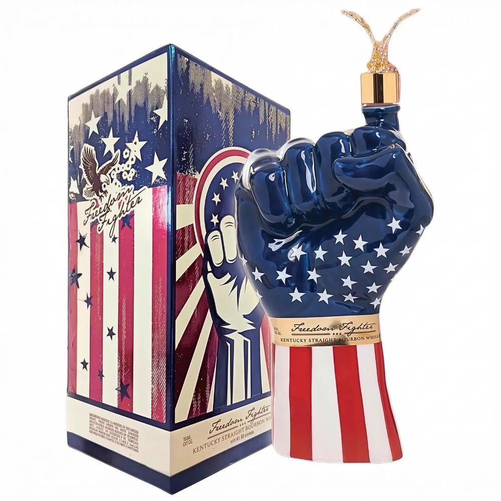The Freedom Fighter 6 Year Kentucky Straight Bourbon Patriotic Fist Decanter (700mL) by Freedom Fighter features a fist with stars, stripes, an American flag design, a gold eagle topper, and comes in a matching collectible box.
