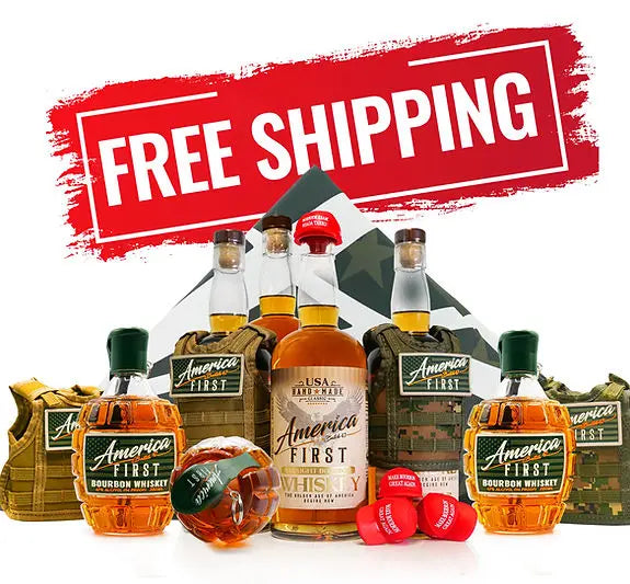 A “FREE SHIPPING” banner in red and white tops a display of America First Straight Bourbon Whiskey 7 Pack bottles, arranged in front of camouflage bags and mini tactical vests.