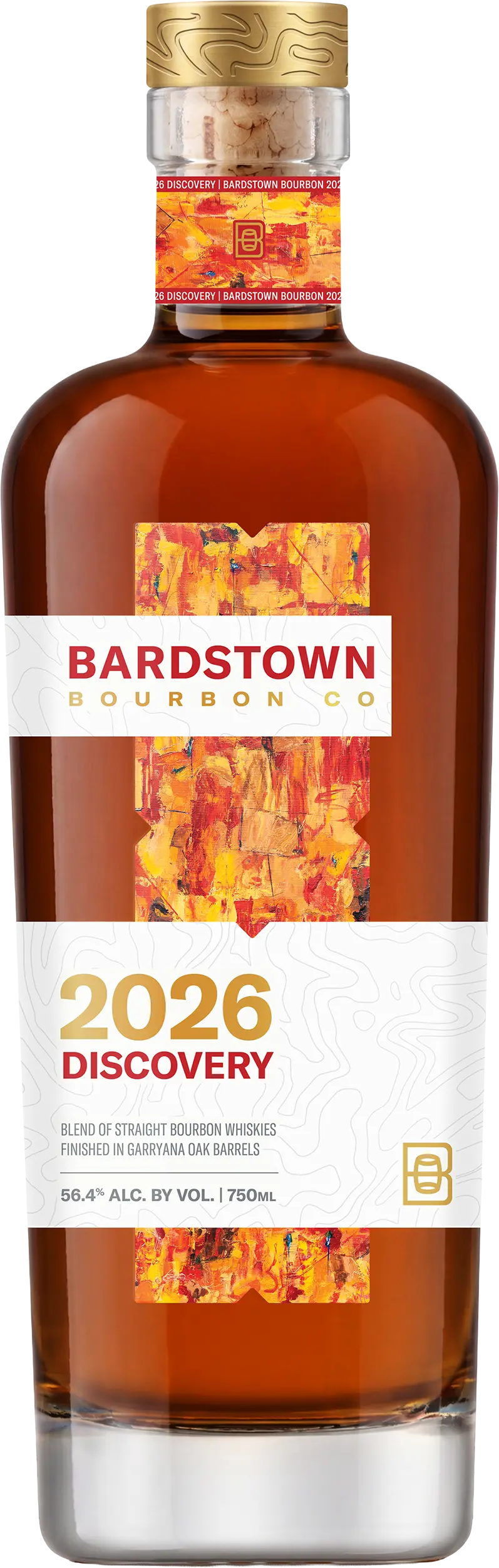 A 750ml bottle of Bardstown Bourbon Company 2026 Discovery Garryana Oak Finish, adorned with a vibrant abstract label highlighted by orange accents. Expertly crafted by Bardstown Bourbon Company, this limited release may showcase subtle nuances from Garryana oak barrels and is bottled at 56.4% ABV.
