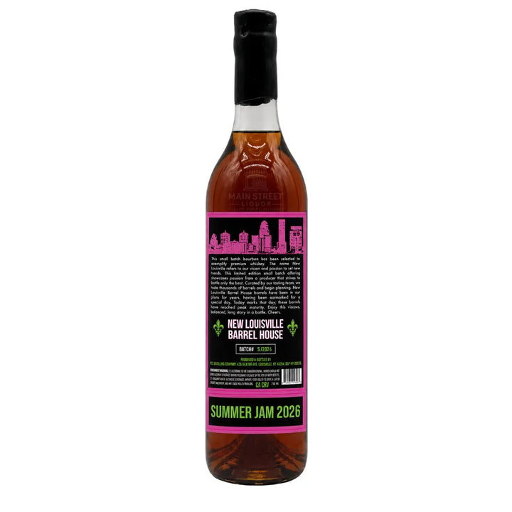 A bottle of Nulu New Louisville 8 Year “Summer Jam” 142.6 Proof Straight Bourbon Whiskey (Pre-Order), featuring a black label with a pink cityscape graphic and green accents, labeled with “Summer Jam 2026” at the bottom.