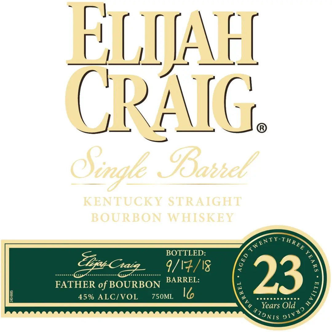 The Elijah Craig 23 Year Old Single Barrel Bourbon Whiskey label shows "23 Years Old," 45% ABV, bottled 9/14/18, barrel 16, and features the "Father of Bourbon" title from brand Elijah Craig.