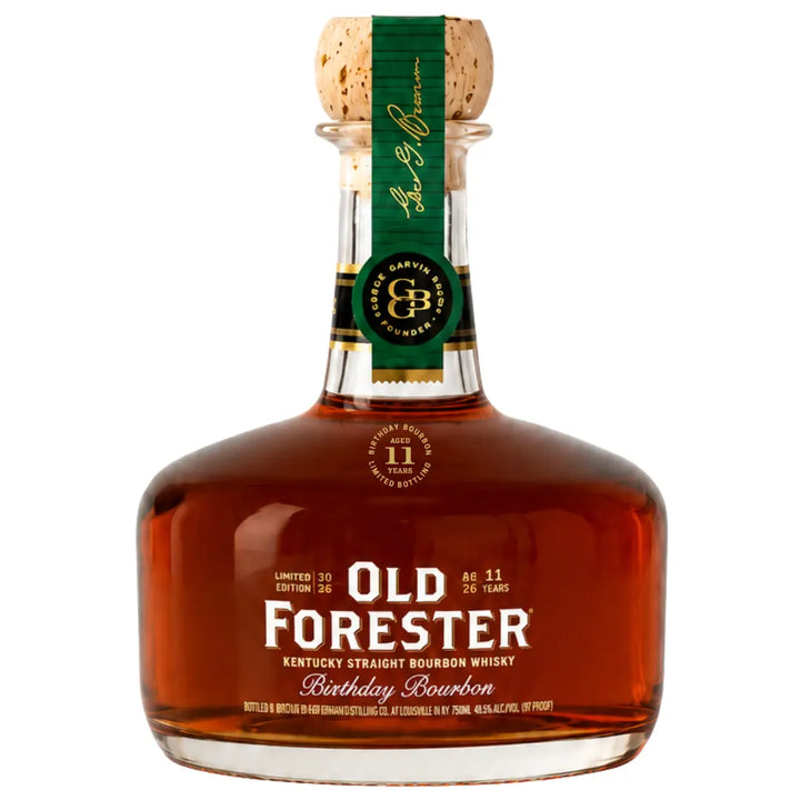 A bottle of Old Forester Birthday Bourbon 2026 Limited Edition Aged 11 Years 700mL from Old Forester, featuring a green label and cork stopper. The amber Kentucky Straight Bourbon Whiskey inside is clearly visible, and the front label highlights its limited edition status and 11-year aging.