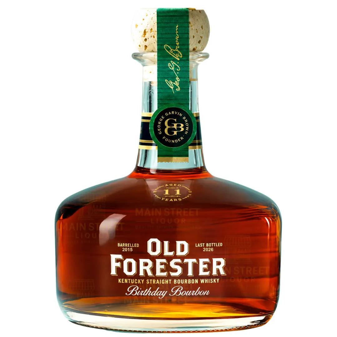 A 700mL bottle of Old Forester Birthday Bourbon 2026 Limited Edition Aged 11 Years, featuring a green label and cork top, filled with amber Kentucky Straight Bourbon Whiskey. This special release showcases details such as the barrelled and bottled years on its distinctive Old Forester label.