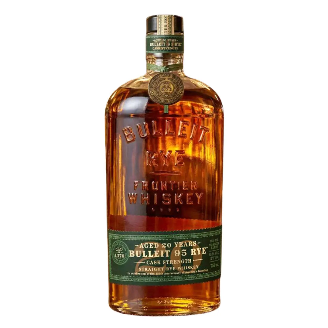 A bottle of Bulleit 20 Year Old 95 Rye Cask Strength Straight Rye Whiskey, with rich amber liquid and a label highlighting its age and cask strength—a collectible American rye—on a white background.