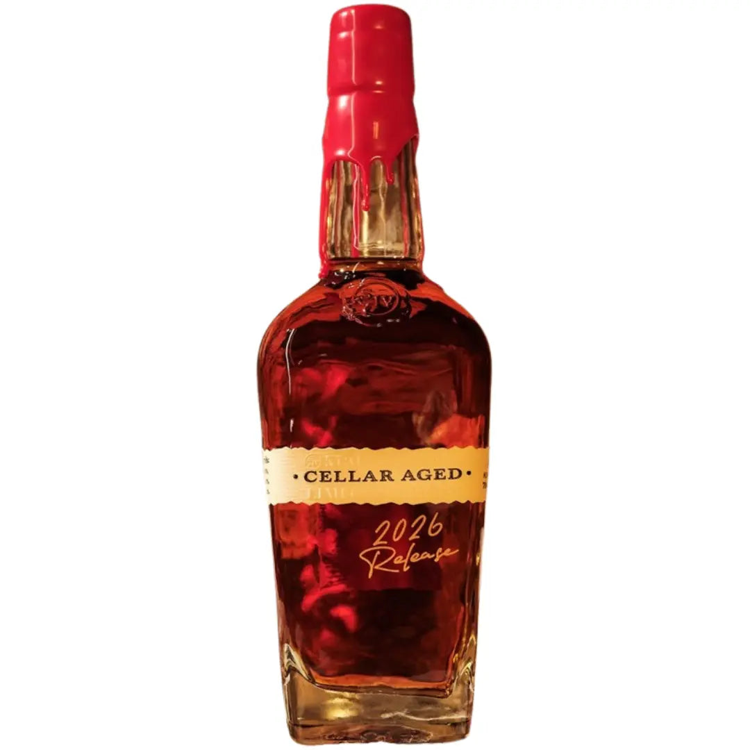 A 700mL bottle of Maker’s Mark Cellar Aged 2026 Straight Bourbon features the signature red wax seal and is adorned with elegant gold and red lettering on a cream-colored label. Housed in a clear glass bottle that displays its deep amber bourbon, this limited-edition release from Maker’s Mark is perfect for collectors and bourbon enthusiasts alike.