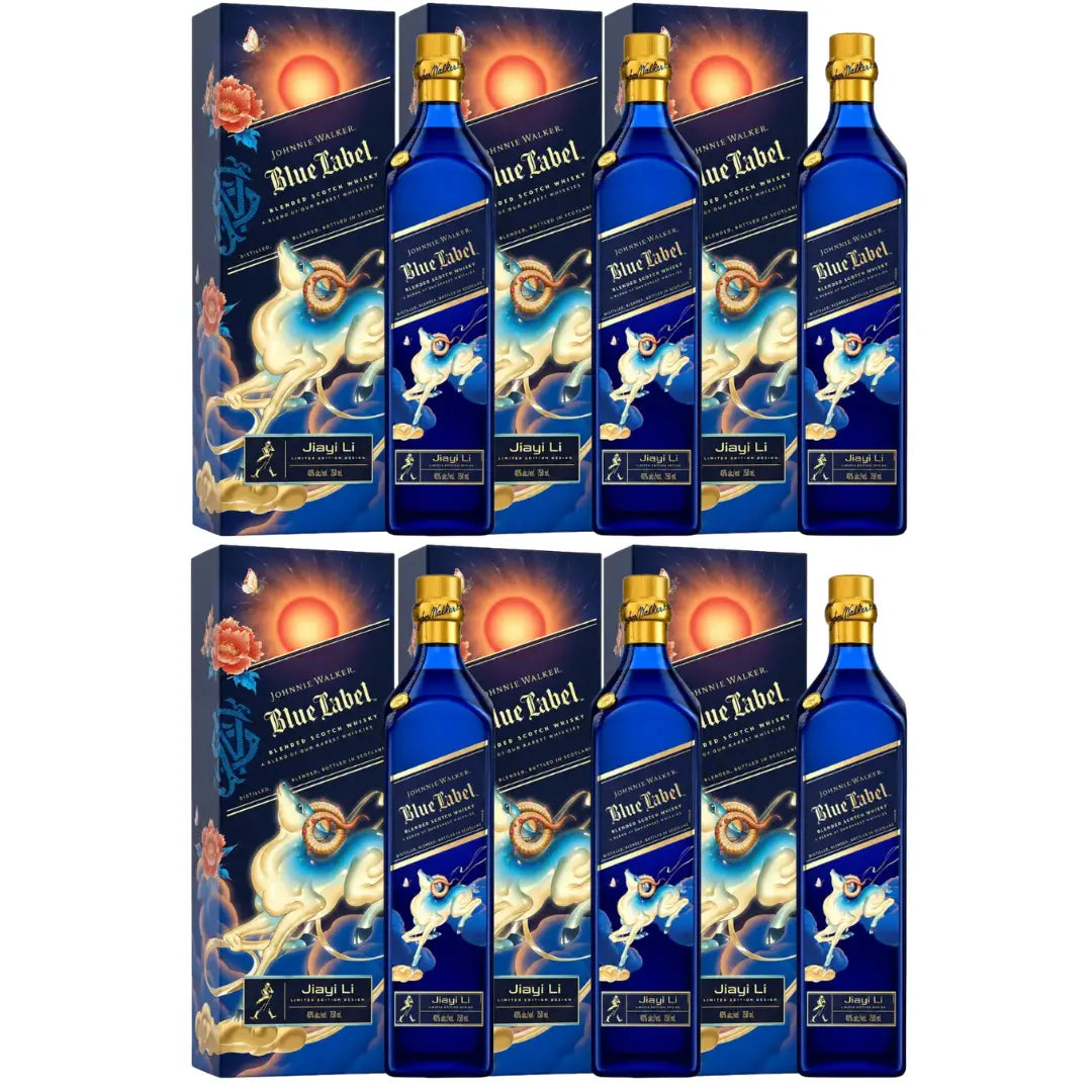 Six bottles of Johnnie Walker Blue Label Year of The Goat Lunar New Year by JiaYi Li, each in an elegant blue bottle with a matching decorative box—perfect for stylish celebrations. Pre-order now!.
