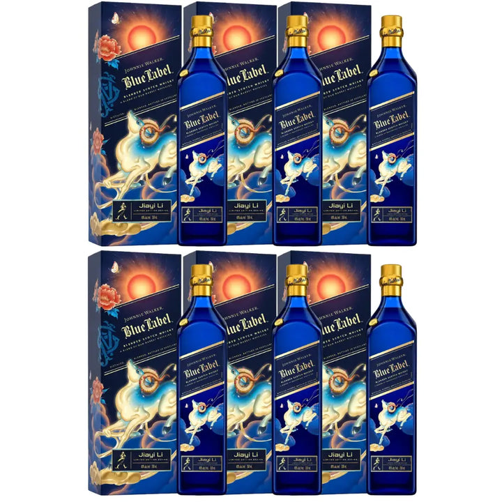 Six bottles of Johnnie Walker Blue Label Year of The Goat Lunar New Year by JiaYi Li, each in an elegant blue bottle with a matching decorative box—perfect for stylish celebrations. Pre-order now!.