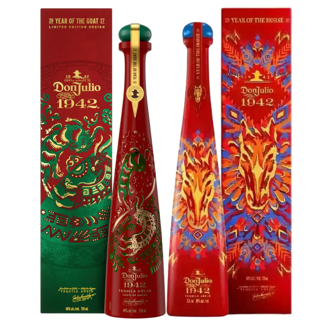 Don Julio 1942 Year of the Goat (green goat design) & Year of the Horse (red horse design) Añejo Tequila Bundle (Pre-Order) from Don Julio Tequila, both limited edition bottles with matching boxes.