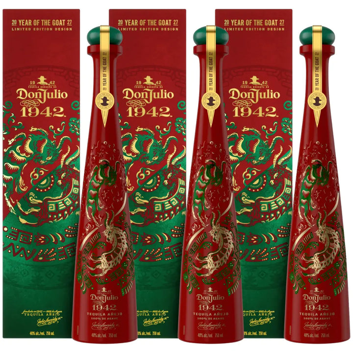 Three Don Julio 1942 Tequila Anejo Year of the Goat 2027 Limited Edition bottles, featuring green and gold dragon designs, stand before matching boxes—a striking collectible from Don Julio Tequila for this festive celebration.