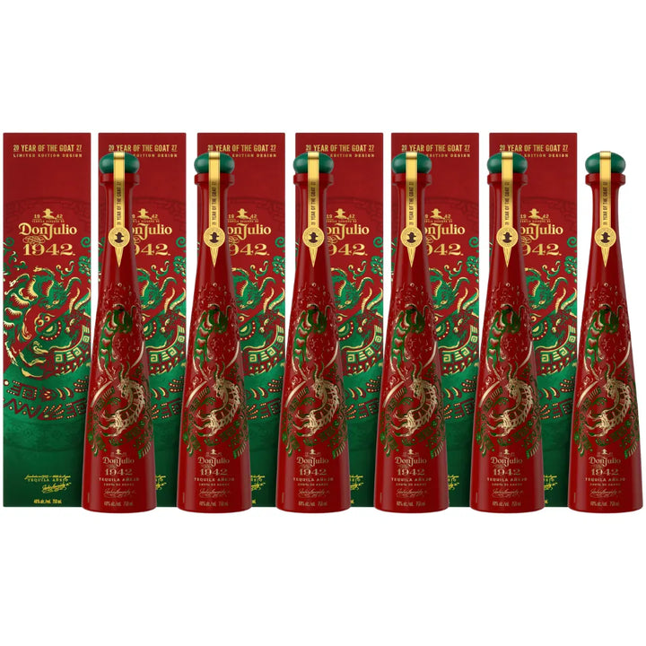 Six red and gold Don Julio 1942 Tequila Añejo Year of the Goat 2027 Limited Edition bottles stand before matching boxes in a festive display—an impressive pre-order collectible from Don Julio Tequila.