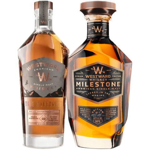 The Westward Milestone Edition No. 4 & PX Sherry Cask American Single Malt Whiskey 2026 Bundle (Pre-Order) from Westward includes two bottles—each boasting geometric bottle designs, copper accents, and intricately detailed dark labels.