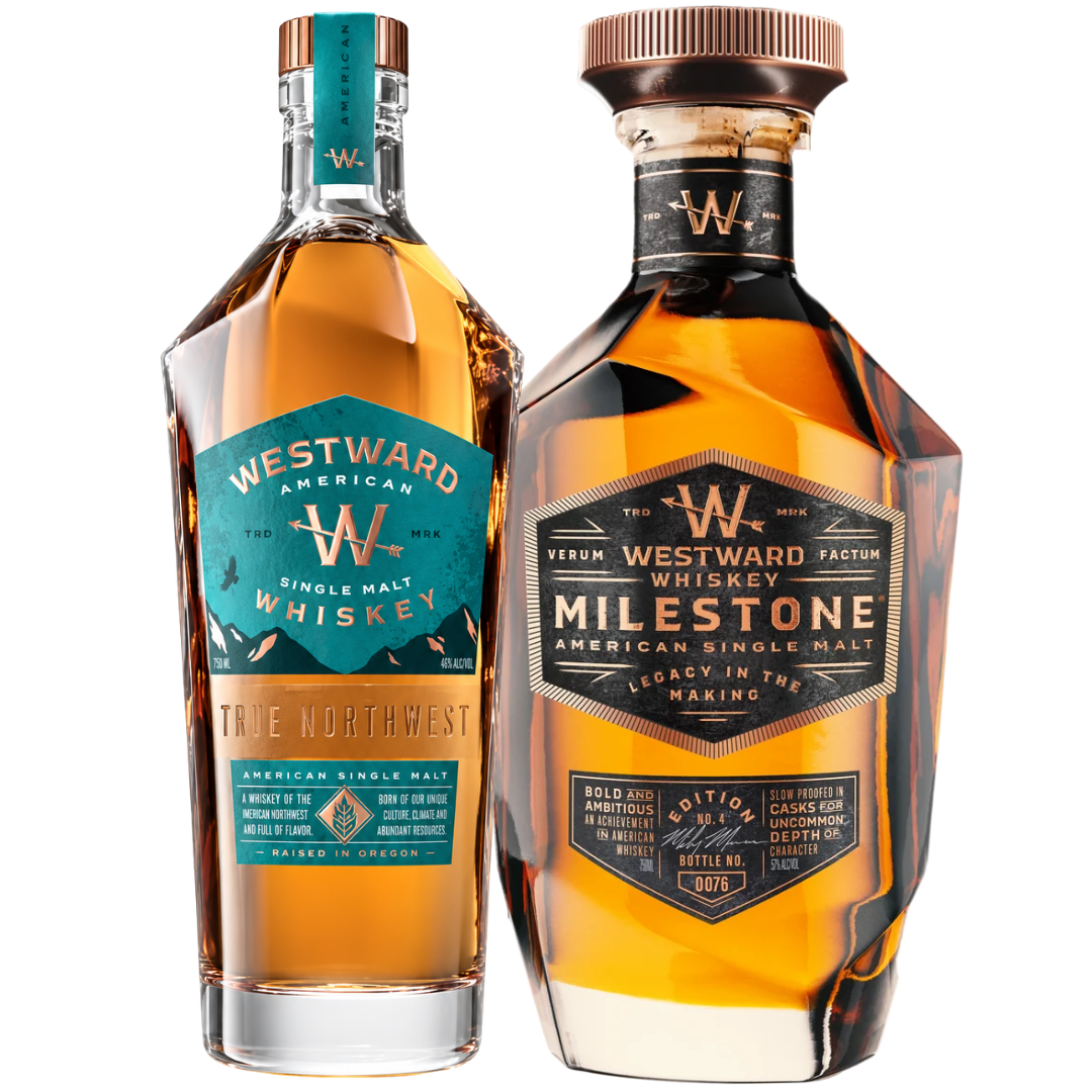 The Westward Milestone Edition No. 4 &amp; American Single Malt Whiskey Bundle (Pre-Order) by Westward includes two uniquely shaped bottles, each showcasing intricate geometric labels—one marked as True Northwest and the other as Milestone Edition No. 4—with the amber whiskey visible inside.