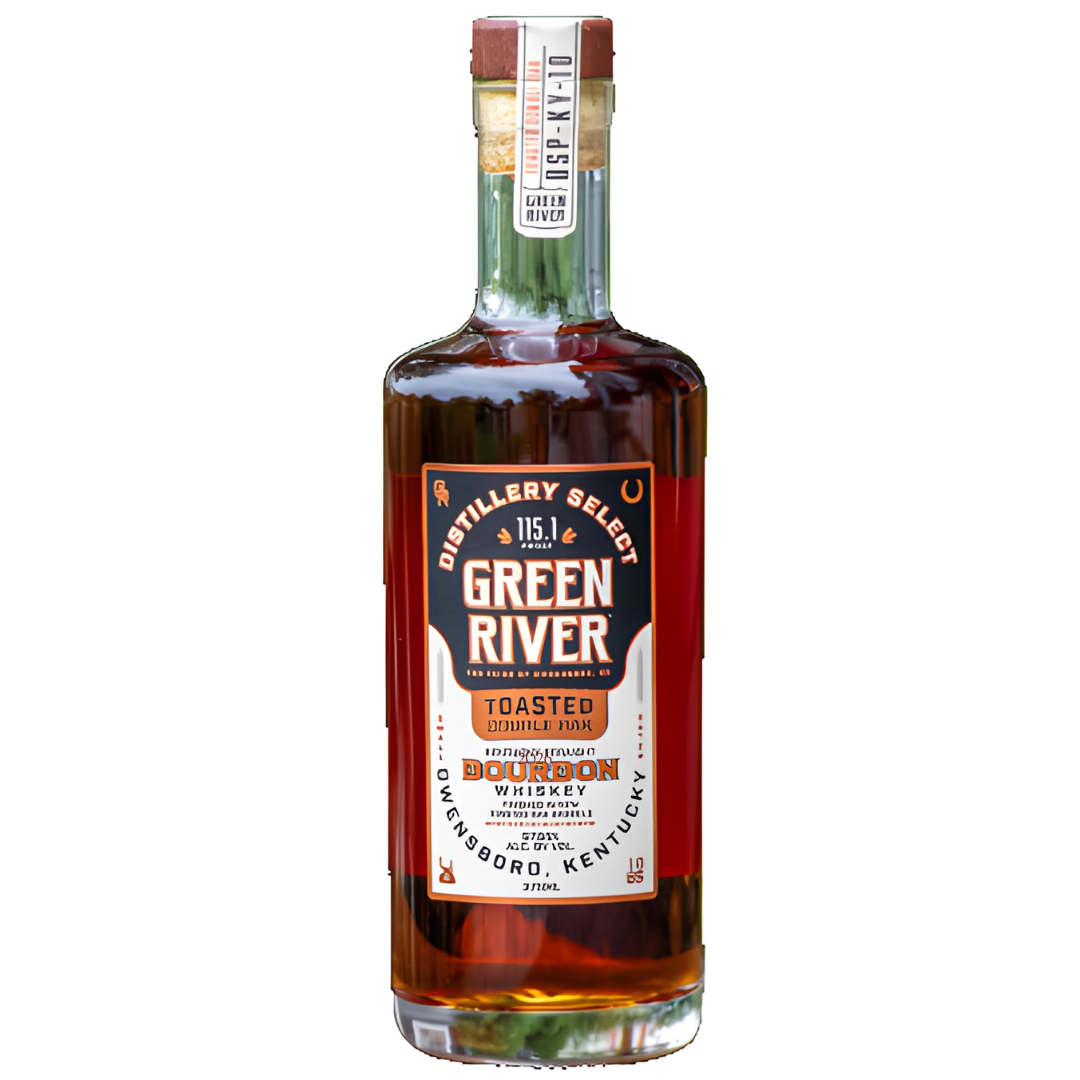 A 375mL bottle of Green River Toasted Double Oak Bourbon 115.1 Proof by Green River, featuring a brown label with orange and white text, and finished with a cork top sealed in brown and white paper.