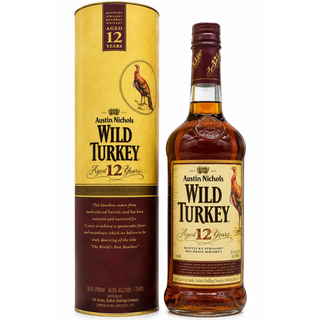 A bottle and box of Main Street Liquor’s Wild Turkey Beyond Duplication 12 Year Old Kentucky Straight Bourbon Whiskey (approx. 2005–2010), featuring a wild turkey illustration and gold and brown labeling with product details—perfect for collectors seeking a classic vintage bourbon.