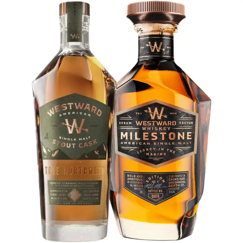 Showcasing the distinctive craftsmanship of Westward, the Westward Milestone Edition No. 4 & Stout Cask American Single Malt Whiskey Bundle (Pre-Order) features two uniquely designed bottles: one with a slim neck labeled Stout Cask, and another faceted bottle with a wide cap for the Milestone Edition No. 4. Both come adorned in green and gold labels, representing the renowned quality of Westward Whiskey.