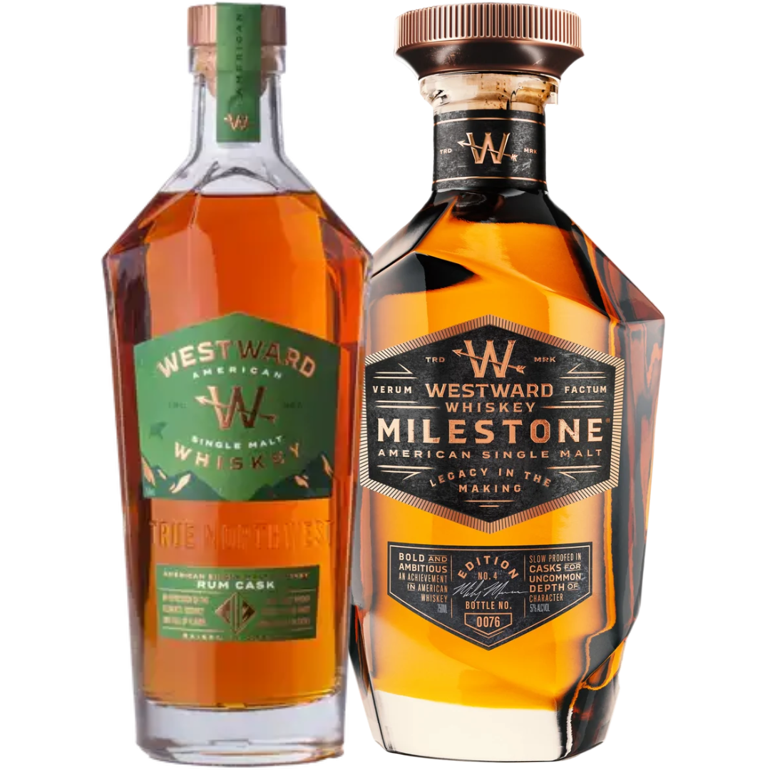 Two bottles from Westward stand side by side: the Rum Cask American Single Malt Whiskey with a green label, and the Milestone Edition No. 4, showcasing a gold and black label with a distinctively faceted design—available together as the Westward Milestone Edition No. 4 &amp; Rum Cask American Single Malt Whiskey Bundle (Pre-Order).