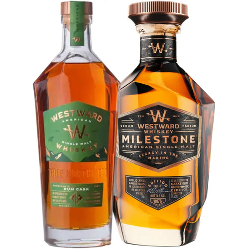 Two bottles from Westward stand side by side: the Rum Cask American Single Malt Whiskey with a green label, and the Milestone Edition No. 4, showcasing a gold and black label with a distinctively faceted design—available together as the Westward Milestone Edition No. 4 & Rum Cask American Single Malt Whiskey Bundle (Pre-Order).