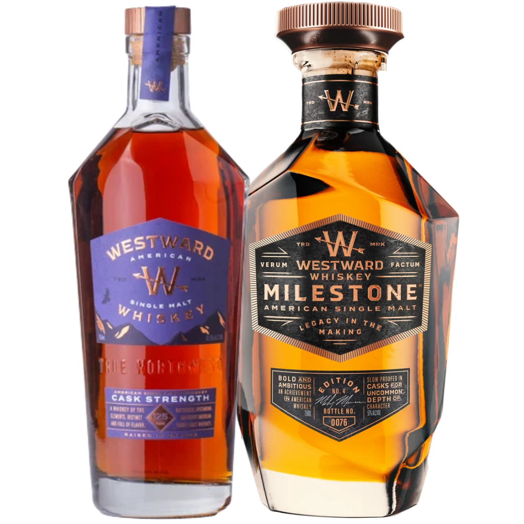 Introducing the Westward Milestone Edition No. 4 &amp; Cask Strength American Single Malt Whiskey Bundle (Pre-Order) from Westward. This exclusive set features two limited-edition bottles—Milestone Edition No. 4 and Cask Strength—each crafted as exceptional American Single Malt Whiskeys. Both are presented in geometric-shaped glass bottles adorned with decorative labels, showcasing a rich amber liquid inside.