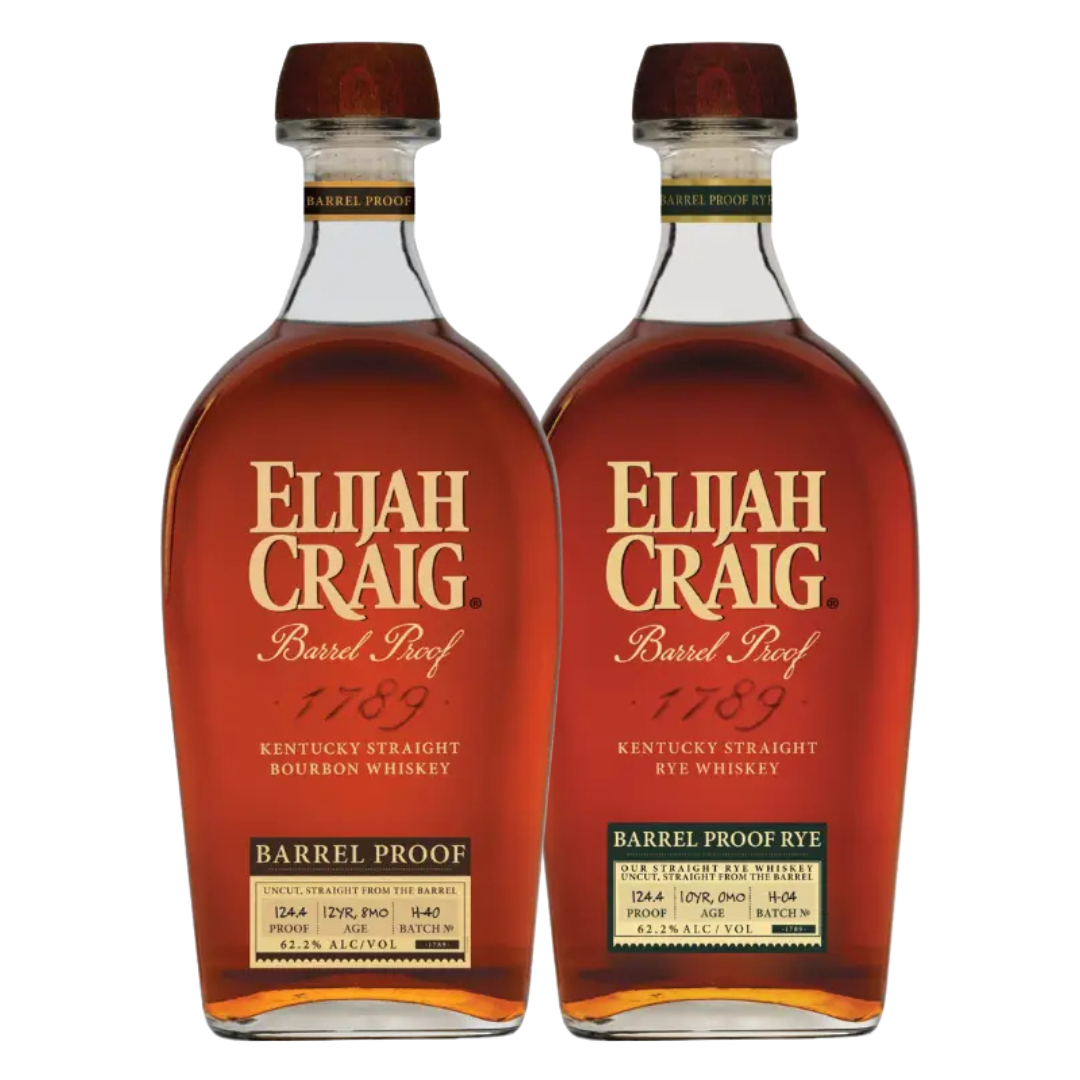 The Elijah Craig Batch H Barrel Proof Bourbon &amp; Rye Bundle (Pre-Order) from Elijah Craig features two bottles—one Kentucky Straight Bourbon Whiskey and one Kentucky Straight Rye Whiskey—each showcasing a rich amber liquid and similar label designs.