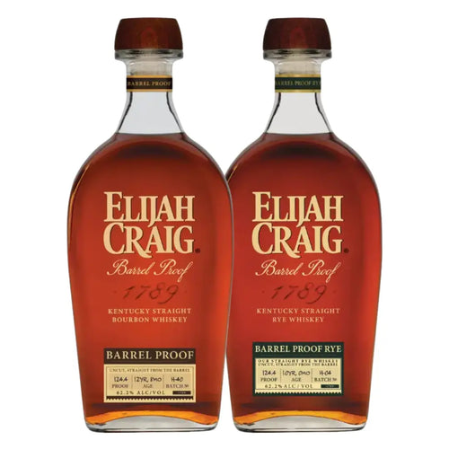 The Elijah Craig Batch H Barrel Proof Bourbon & Rye Bundle (Pre-Order) from Elijah Craig features two bottles—one Kentucky Straight Bourbon Whiskey and one Kentucky Straight Rye Whiskey—each showcasing a rich amber liquid and similar label designs.