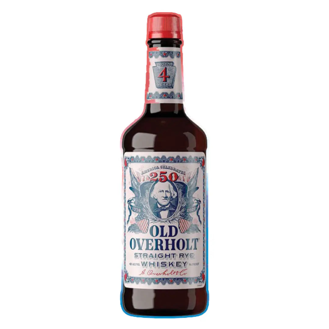 A bottle of Old Overholt 4 Year Straight Rye Whiskey America 250th Edition, featuring a red cap and a label with a portrait, blue and red text, and "250" marking the special anniversary release by Old Overholt.