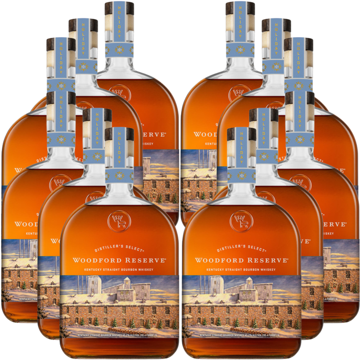 Eight bottles of Woodford Reserve Bourbon Holiday Edition 2026 750ml are arranged in two rows, each with blue caps and labels featuring a distillery illustration.
