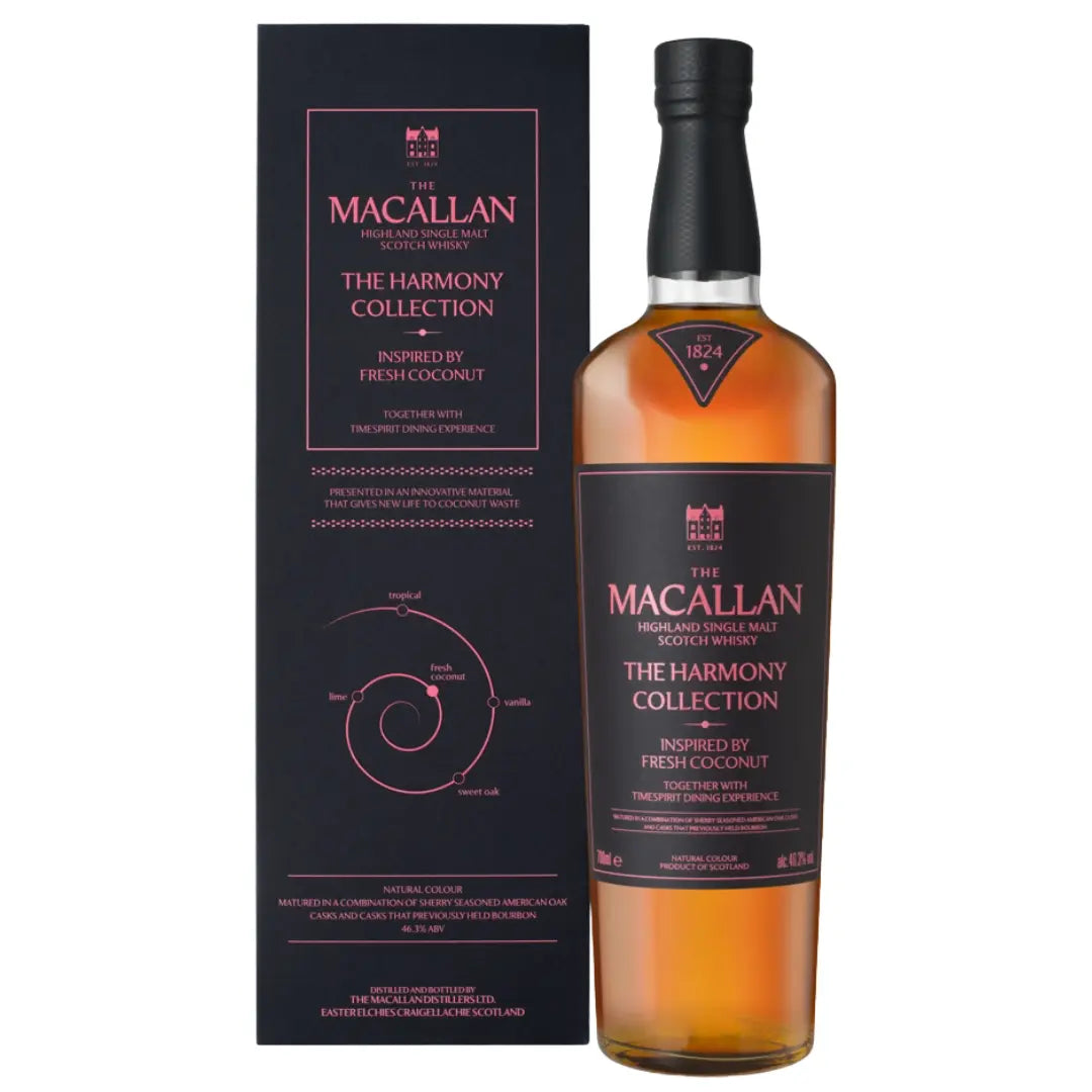 A bottle of The Macallan Harmony Collection Inspired by Fresh Coconut 700mL single malt Scotch whisky stands beside its matching black box, both featuring The Macallan branding and the “Inspired by Fresh Coconut” label. Text and a flavor diagram on the box highlight the fresh coconut notes that distinguish this exceptional release.