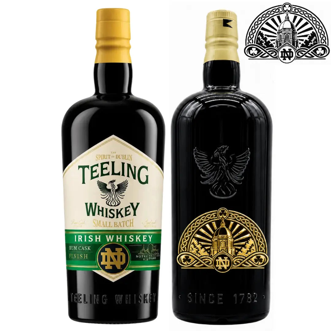 Two bottles of Teeling Small Batch x Notre Dame 2026 Golden Dome Custom Deep Etched Irish Whiskey 750mL by Teeling Whiskey are displayed. The bottle on the left features a white and green label, while the bottle on the right showcases a black custom etched design with gold embossed details. A coordinating black-and-white Notre Dame whiskey logo is positioned in the upper right corner.
