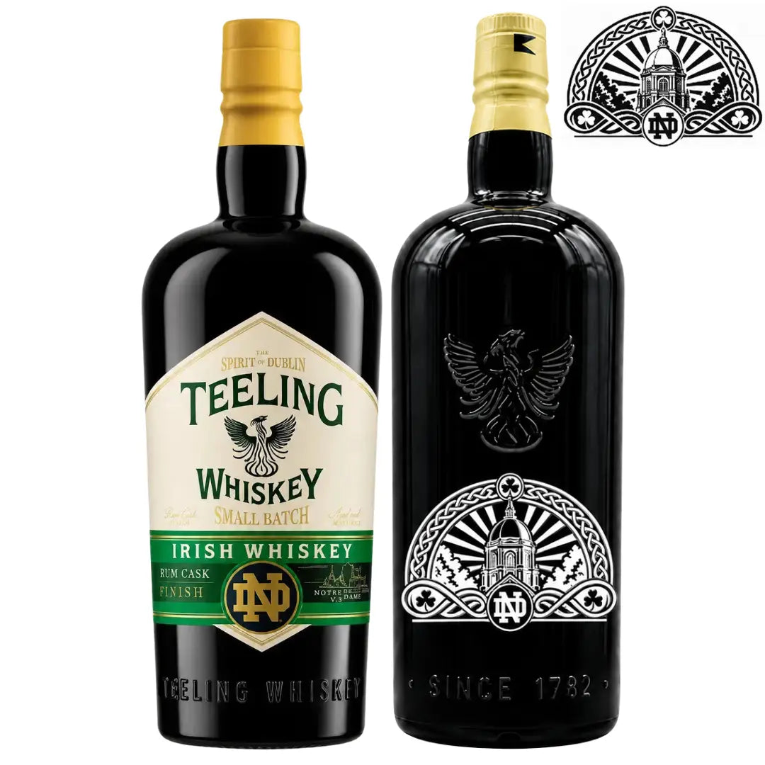 Two bottles of Teeling Whiskey’s “Teeling Small Batch x Notre Dame 2026 Golden Dome Custom Deep Etched Irish Whiskey” (750mL) are shown, one featuring the front label with a special Notre Dame design and the other highlighting the back with custom deep etched details. A close-up of the back emblem is displayed in the top right corner.