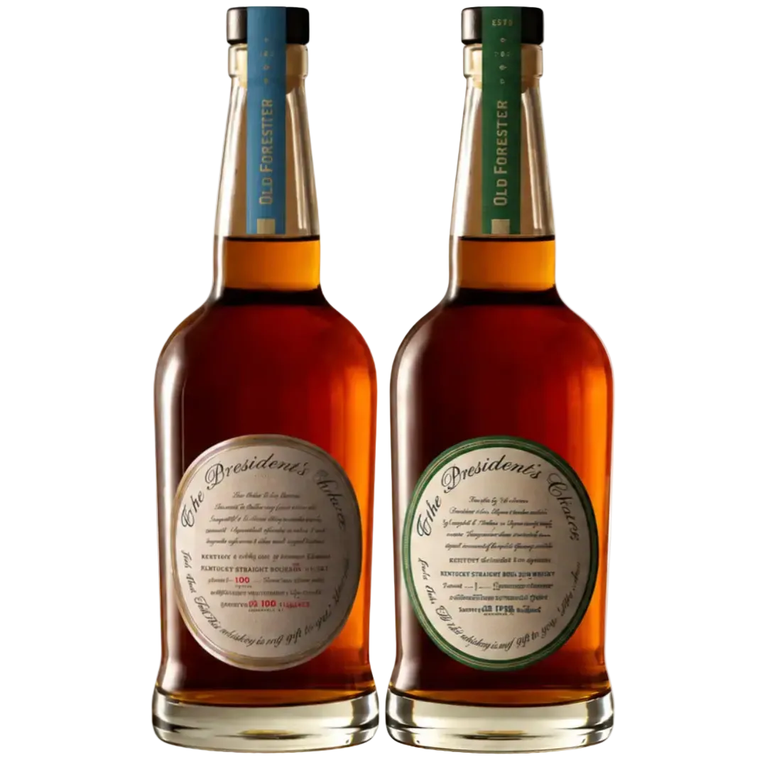 An Old Forester President’s Choice Bourye Bundle 2026 – Kentucky Straight Bourbon & Rye Whiskey 700mL, showing a bourbon bottle with a blue neck label and tan front label beside a rye whiskey bottle with a green neck and green-bordered label.