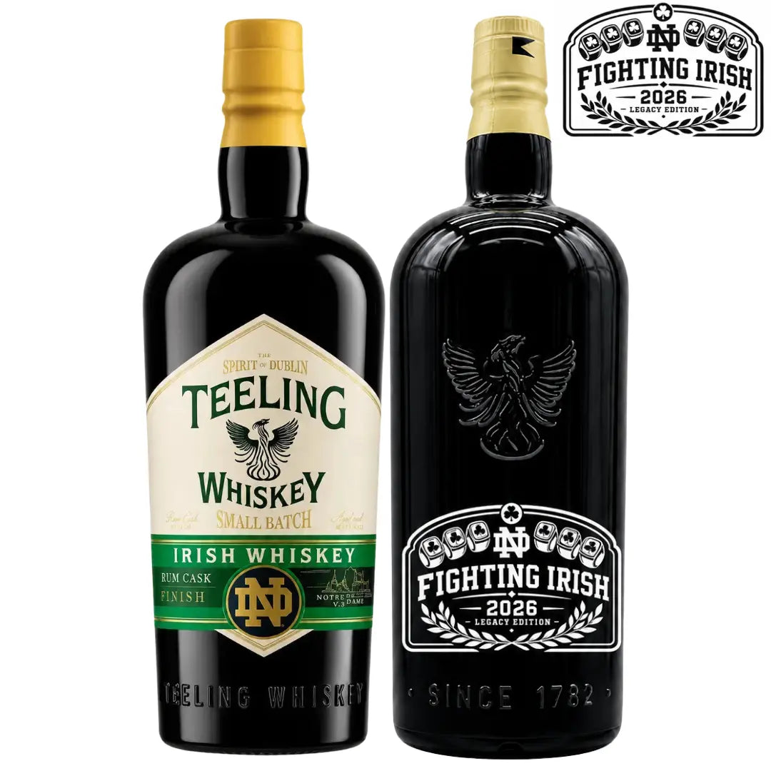 Two dark liquor bottles are displayed: one bearing the Teeling Whiskey label with a gold cap, and the other showcasing the Teeling Small Batch x Notre Dame 2026 Championship Legacy Edition Custom Deep Etched Irish Whiskey in striking black and white. Above them, the iconic Fighting Irish logo highlights this special championship legacy collaboration—an exceptional commemorative Irish whiskey from Teeling Whiskey, meticulously crafted to honor both tradition and triumph.