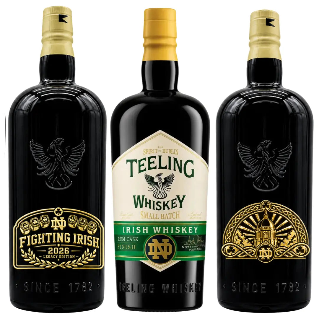 Three black bottles from the Teeling x Notre Dame 2026 Custom Deep Etched Irish Whiskey Heritage Bundle by Teeling Whiskey, featuring decorative gold designs, a deep etched bottle appearance, and an eagle emblem. Two bottles display Notre Dame logos celebrating the university’s heritage, while one is labeled Teeling Irish Whiskey Small Batch—all with striking gold and green labels.