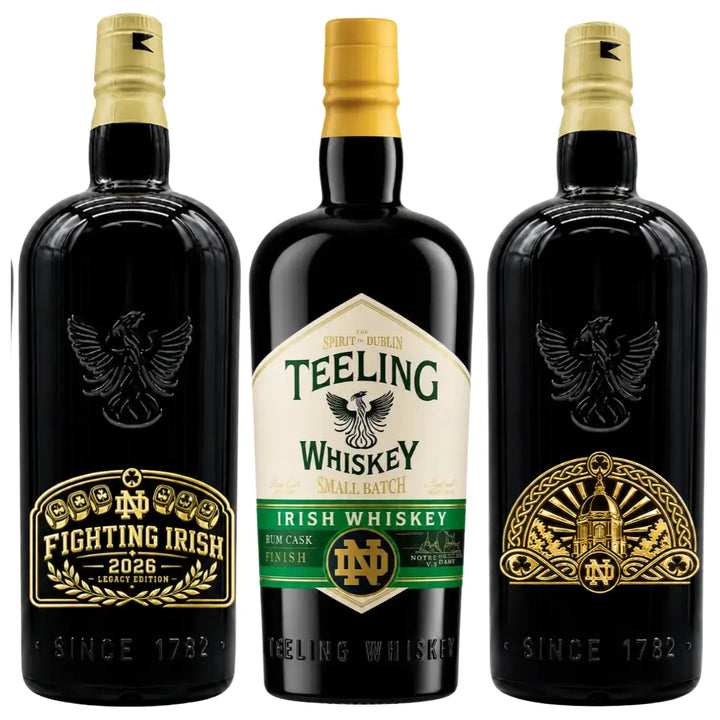 Three black bottles from the Teeling x Notre Dame 2026 Custom Deep Etched Irish Whiskey Heritage Bundle by Teeling Whiskey, featuring decorative gold designs, a deep etched bottle appearance, and an eagle emblem. Two bottles display Notre Dame logos celebrating the university’s heritage, while one is labeled Teeling Irish Whiskey Small Batch—all with striking gold and green labels.