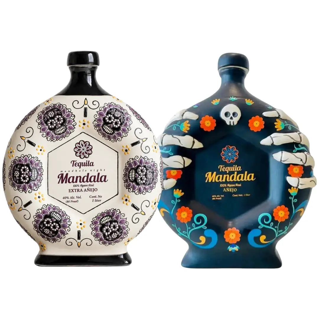 Mandala Día de los Muertos 2022 &amp; 2026 Limited Edition Tequila Bundle featuring a white bottle with purple skull floral patterns and a blue bottle with a skeletal hand, orange flowers, and a skull icon.