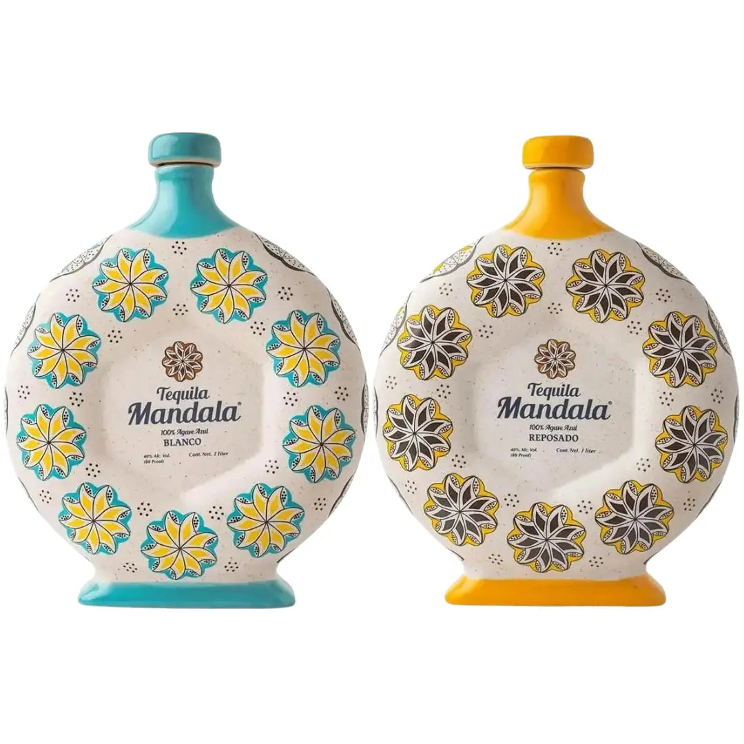 Two round, hand-painted Mandala Blanco & Reposado Tequila bottles decorated with floral patterns, one with turquoise accents and one with yellow accents.