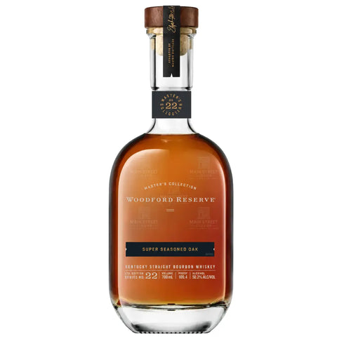 A 700mL bottle of Woodford Reserve Master’s Collection Super Seasoned Oak No. 22 (Pre-Order), featuring a cork stopper and filled with amber liquid, this limited-edition release highlights the exceptional craftsmanship and rich heritage of Woodford Reserve.