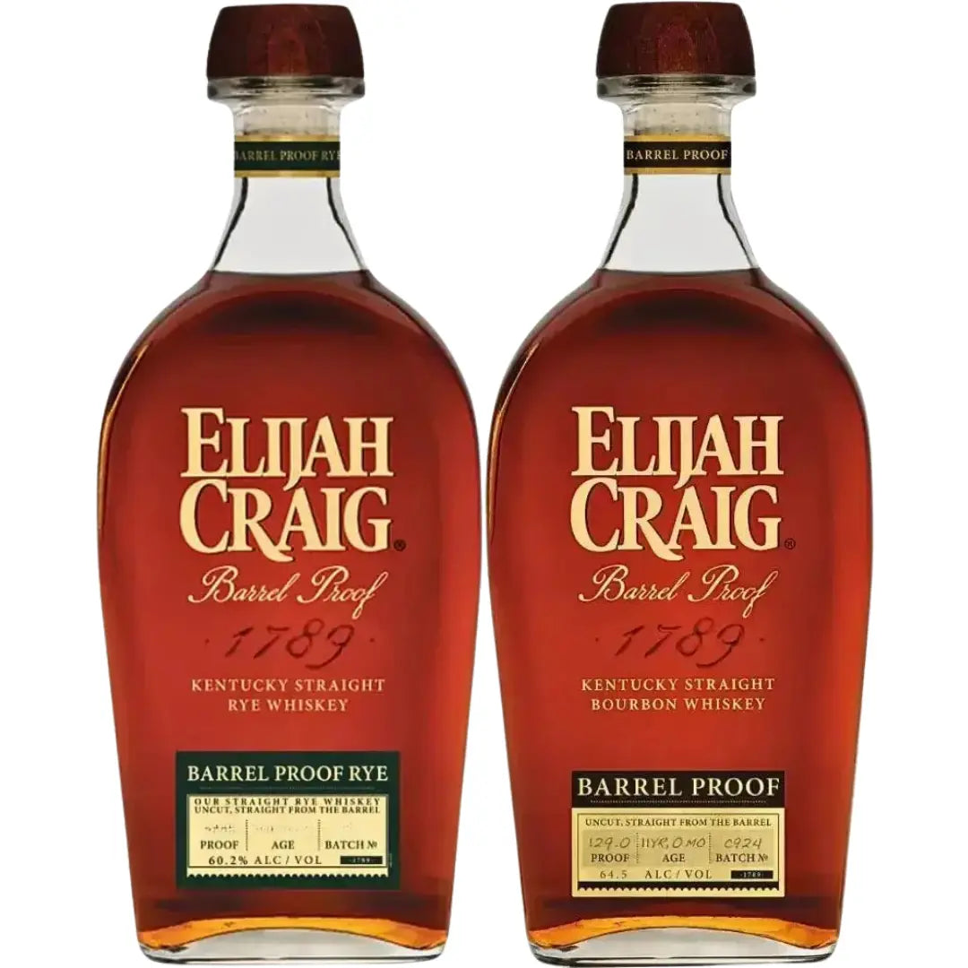 The Elijah Craig Barrel Proof Rye B526 &amp; Barrel Proof Bourbon C924 Bundle features two clear, uniquely shaped glass bottles with amber liquid and gold, white, and red text—one rye and one bourbon—from Elijah Craig.