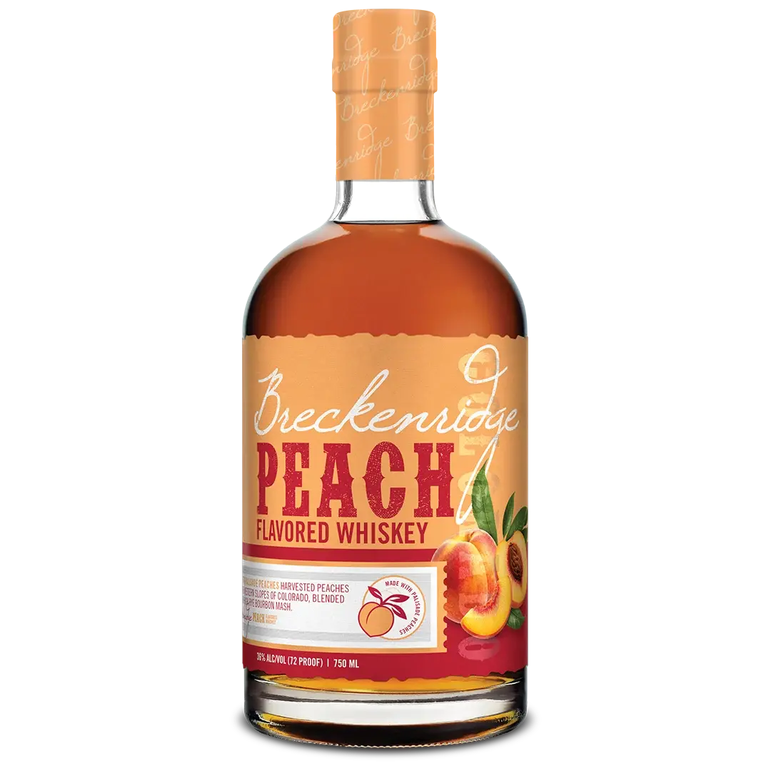 A 750 ml bottle of Breckenridge Peach Whiskey by Breckenridge Distillery, featuring an orange label adorned with images of Palisade peaches and a matching orange cap. This Colorado bourbon is expertly infused with the rich flavor of local peaches.