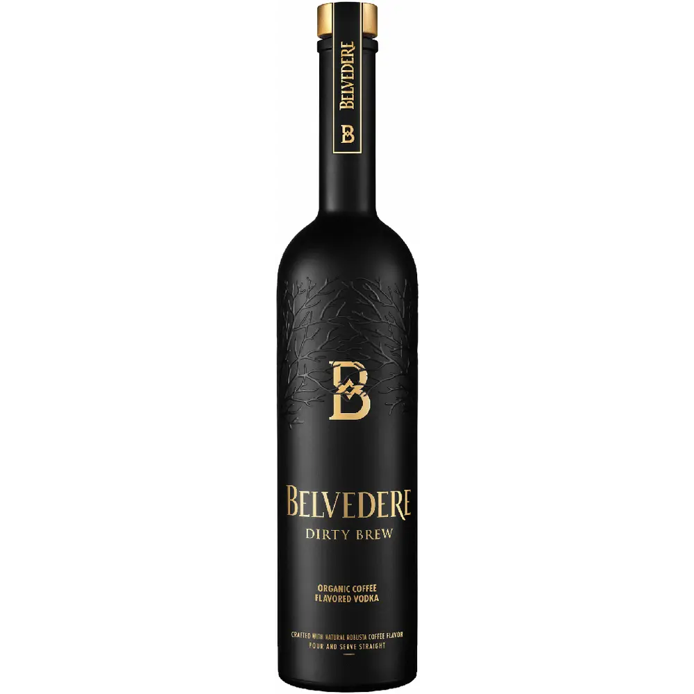 A tall, matte black bottle of Belvedere Vodka’s Dirty Brew Organic Coffee Flavored Vodka features gold lettering and a subtle tree design embossed on the glass.