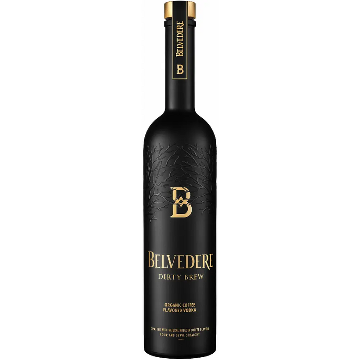 A tall, matte black bottle of Belvedere Vodka’s Dirty Brew Organic Coffee Flavored Vodka features gold lettering and a subtle tree design embossed on the glass.
