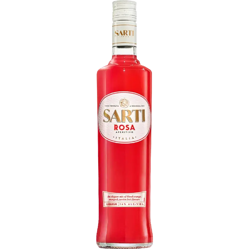 A 700mL bottle of Sarti Rosa Aperitivo Liqueur by Sarti, an Italian aperitivo liqueur with a vibrant red color, gold and white label featuring Italian text, and a white cap.
