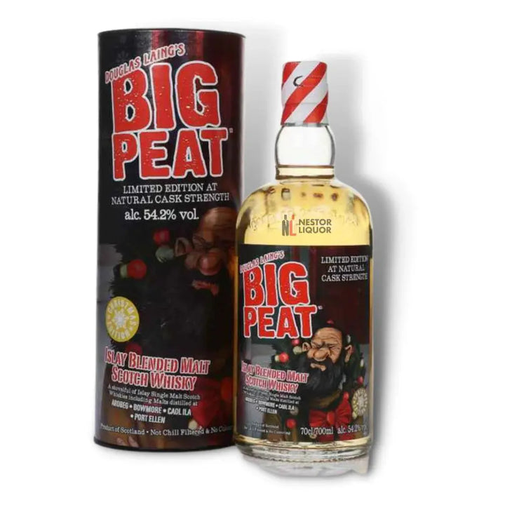 A bottle and box of Douglas Laing’s Big Peat Christmas Edition 2023 Cask Strength, a peated Scotch at 54.2% ABV, with festive packaging and label featuring a bearded cartoon character.