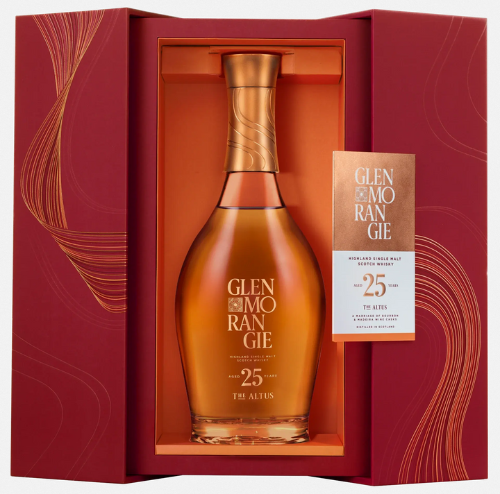 A bottle of Glenmorangie The Altus 25 Year Old Highland Single Malt Scotch Whisky, presented in a red and orange box, with its label and informational card beside this exceptional whisky from Glenmorangie.