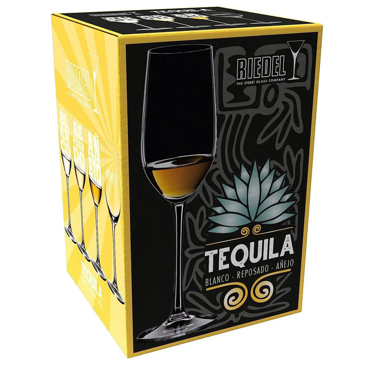 A yellow and black Riedel box featuring a premium tequila glass, agave illustration, and the words "TEQUILA Blanco • Reposado • Añejo" on the front—perfect for showcasing your collection of Riedel Tequila Set of 4 Sniffer Glasses.