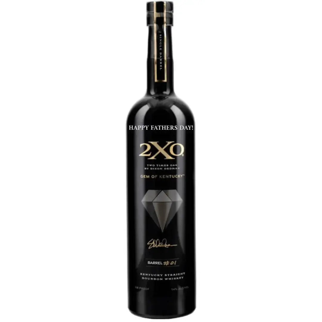 A black 2XO Whiskey Gem of Kentucky Bourbon "HAPPY FATHERS DAY!" Engraved Bottle 2026, with gold and white text, a diamond graphic—an ideal Father’s Day gift.