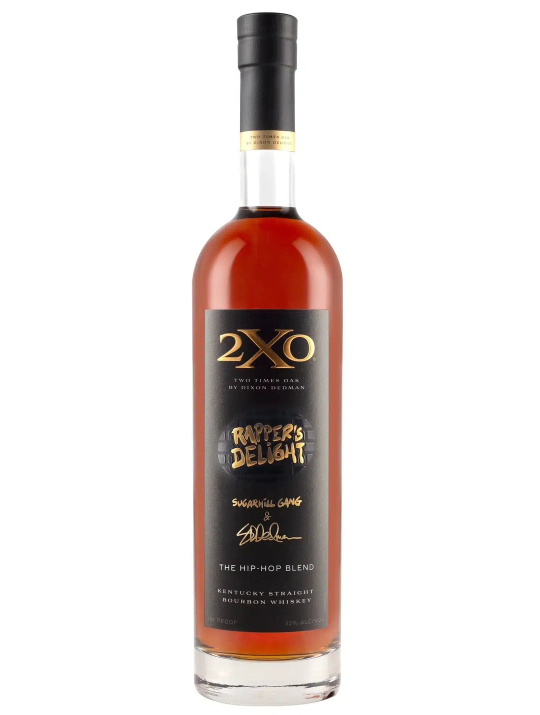 A 750ml bottle of 2XO The Hip-Hop Blend Kentucky Straight Bourbon Whiskey by 2XO Whiskey, featuring a black label with gold and white lettering and a black cap. This limited release celebrates the unique double-barreling process of 2XO, with the label highlighting Sugarhill Gang and The Hip-Hop Blend.
