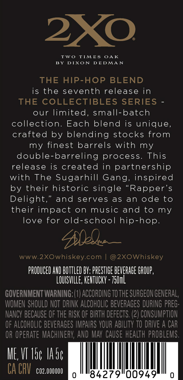 A 2XO Whiskey label for "2XO The Hip-Hop Blend Kentucky Straight Bourbon Whiskey 750ml," with gold and white text detailing this limited release, plus inspiration, barcode, and government warnings at the bottom.