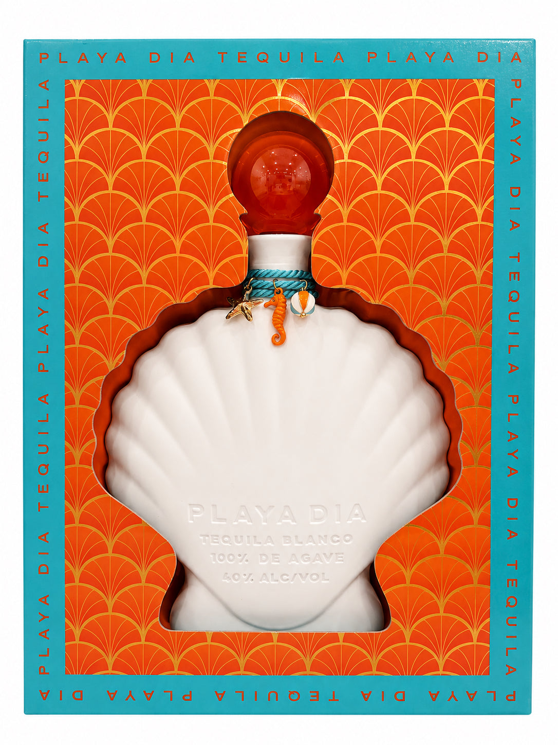 A white, shell-shaped bottle of Playa Dia Blanco Tequila rests in an orange and teal box decorated with a seashell pattern and accented by small sea charms tied around the neck. This 100% Blue Weber agave tequila offers a pure, additive-free blanco character.