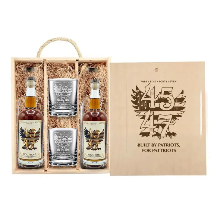 4547 Patriot Box with 109 Proof and 109 Proof bottles and two engraved rocks glasses in wooden gift box